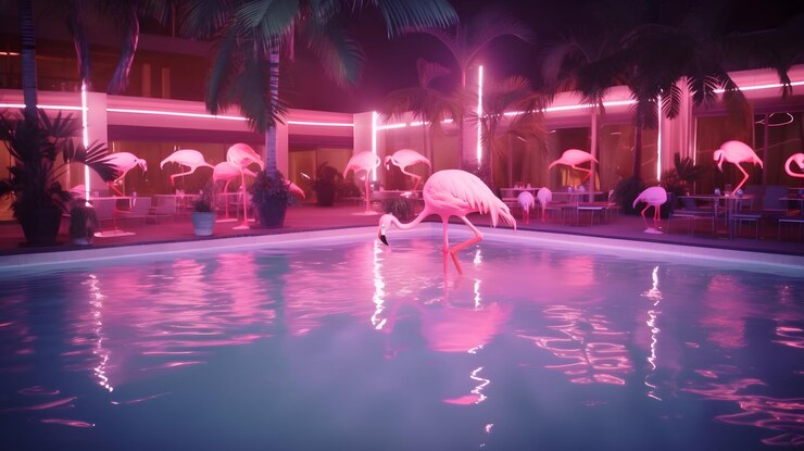 Un flamenco nada en una piscina con una sombrilla rosa.