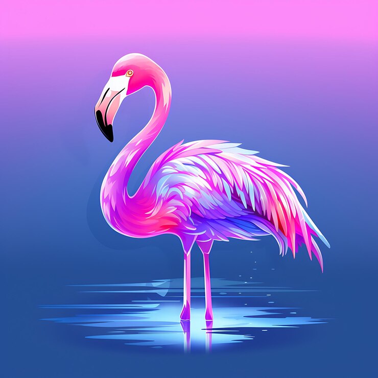 flamenco de pie en el agua con fondo rosa y cielo azul