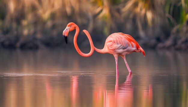 flamenco de pie en el agua con reflejo