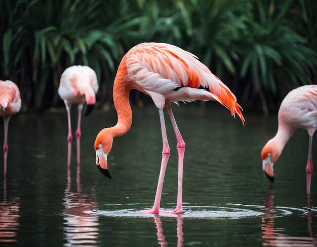 Foto un flamenco de pie en una pierna en un lago con otros flamencos