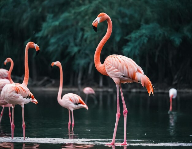 Un flamenco de pie en una pierna en un lago con otros flamencos