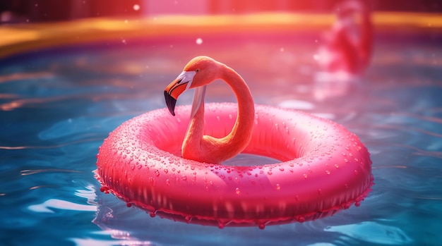 Un flamenco en una piscina con un anillo rosa.