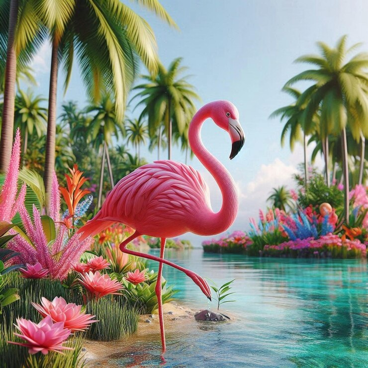 un flamenco rosa está en el agua con palmeras