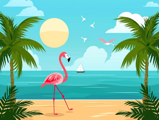 un flamenco rosa está caminando por la playa con palmeras