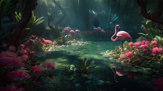 Un flamenco rosa en un estanque con un estanque al fondo