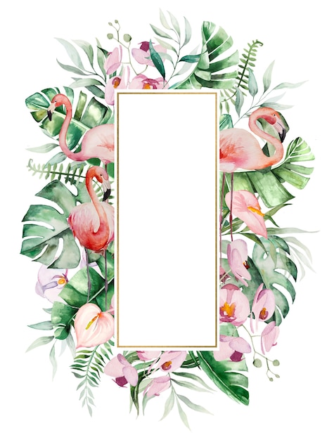 Flamenco rosado acuarela, hojas tropicales y flores marco ilustración aislada para papelería de boda, saludos, fondos de pantalla, moda, carteles