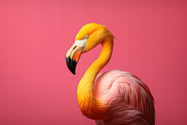 El flamenco rosado se alza elegantemente sobre un fondo amarillo vibrante creando una escena cautivadora.