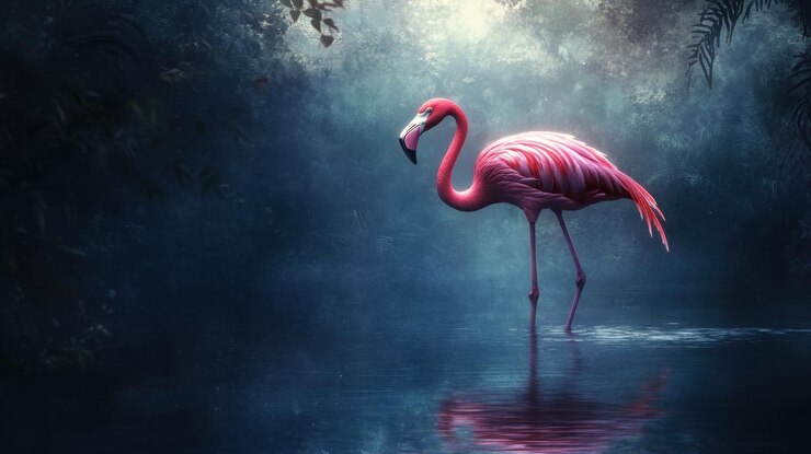 El flamenco rosado en un bosque místico