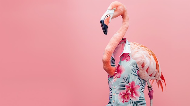 Un flamenco rosado con una camisa tropical y un fondo rosado El flamenco está mirando a la cámara