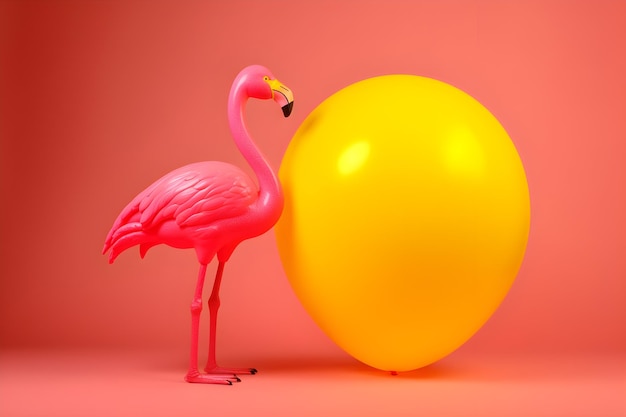 Un flamenco rosado se encuentra junto a un globo amarillo.