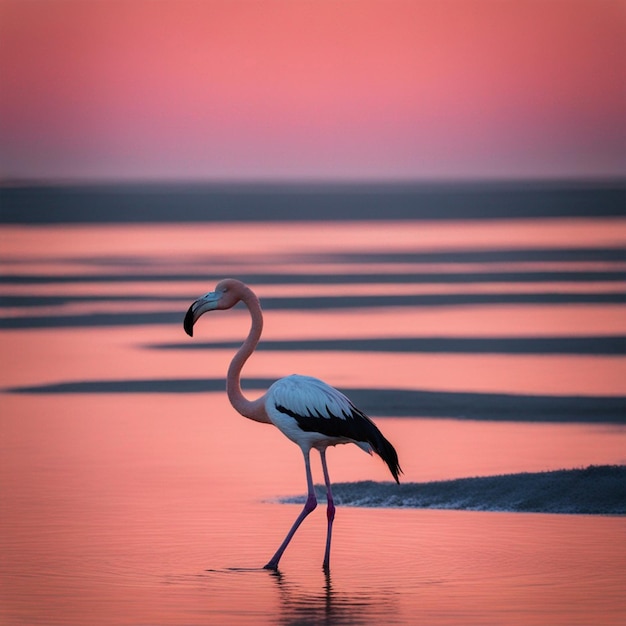 Un flamenco rosado en el mar al atardecer