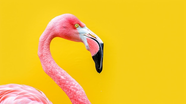 un flamenco rosado con ojos verdes se muestra sobre un fondo amarillo