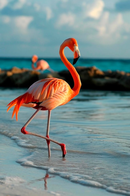 Foto flamenco rosado en la orilla del mar enfoque selectivo