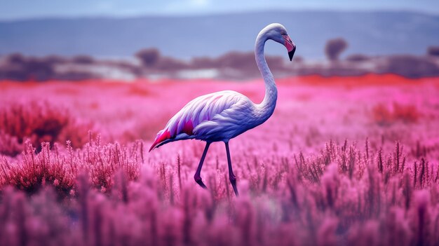 Foto un flamenco rosado está de pie en un campo de flores rosadas