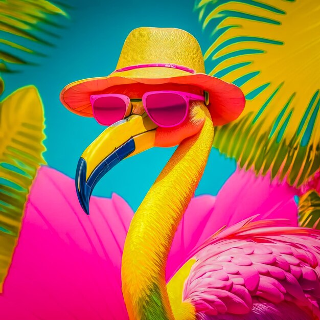 Un flamenco con sombrero y gafas de sol está parado frente a una planta tropical.