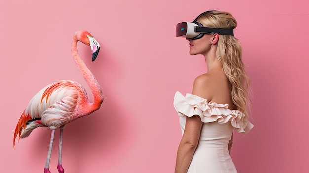 flamenco con visión realidad virtual gafas de sol fondo sólido