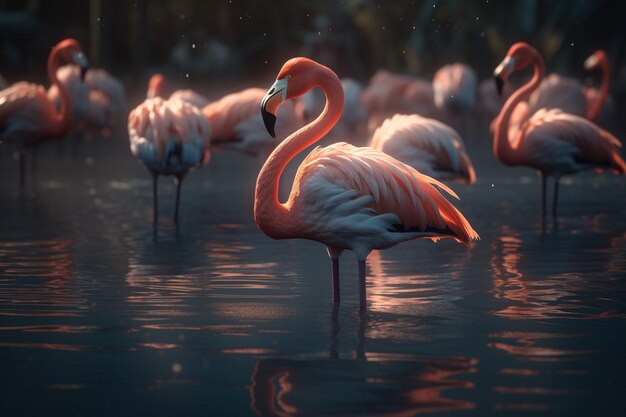 Flamencos en el agua con un fondo borroso