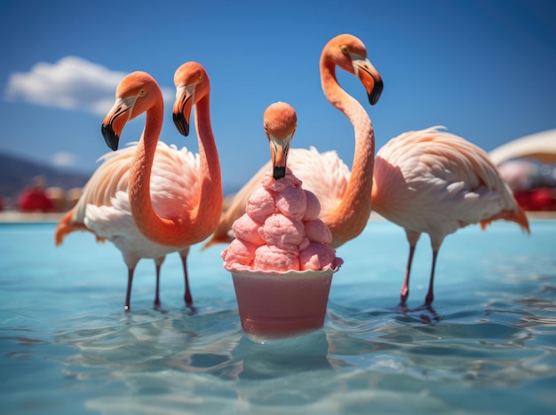 Los flamencos comen helado en la piscina.