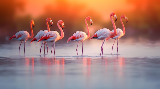 Flamencos en un lago con un fondo de puesta de sol