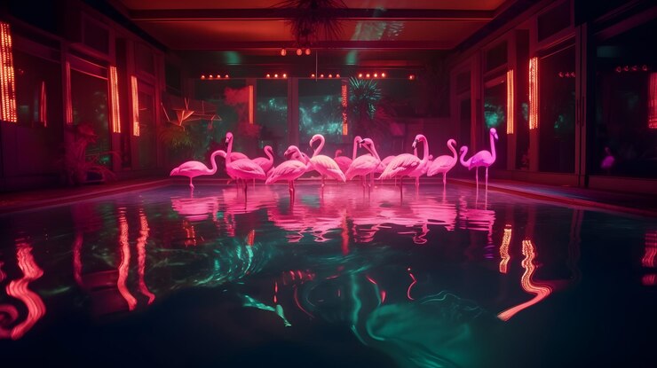 Flamencos en una piscina con un fondo verde