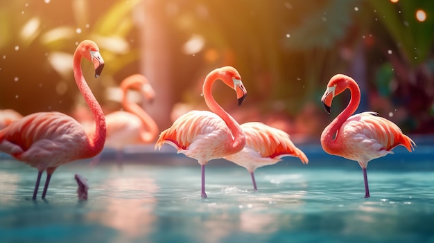 Flamencos en una piscina con el sol brillando sobre ellos