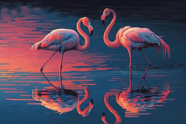 Los flamencos en rosa se reflejan en el agua.