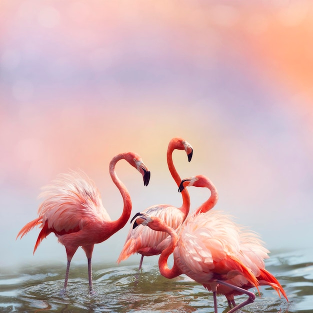 Flamencos rosados en el agua al atardecer