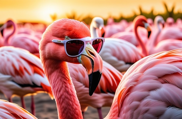 Flamengo rosa com óculos de sol fundo desfocado