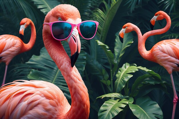 Flamengo rosa usando óculos de sol de verão Fundo de verão Generativo ai