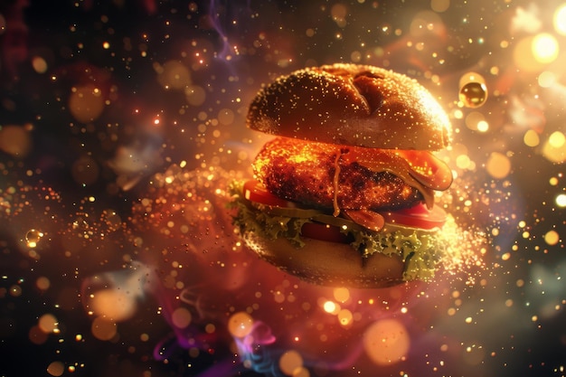 Flaming Flavor Dynamic Burger Werbungsschuss mit heißem funkelndem Feuer