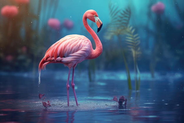 Flamingo en el agua Ilustración 3D estilo vintage Flamingo rosa generado por la IA
