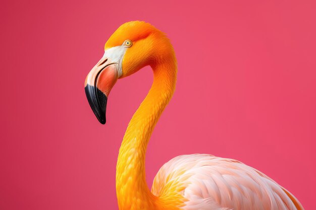 Flamingo amarelo em fundo rosa vista lateral
