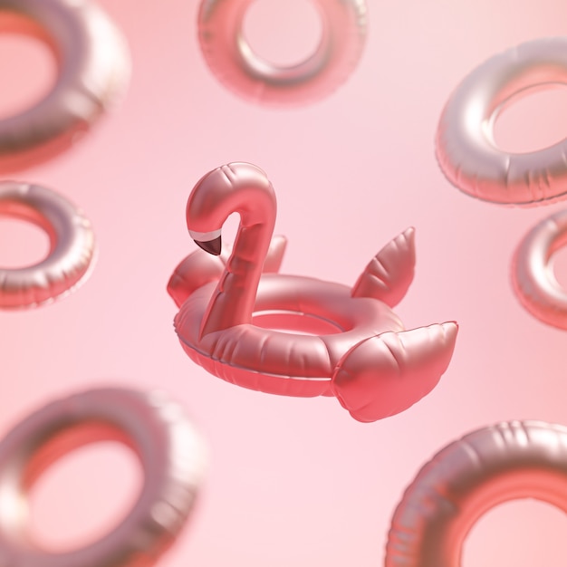 Flamingo entre anillo flotador fondo rosa verano render 3d