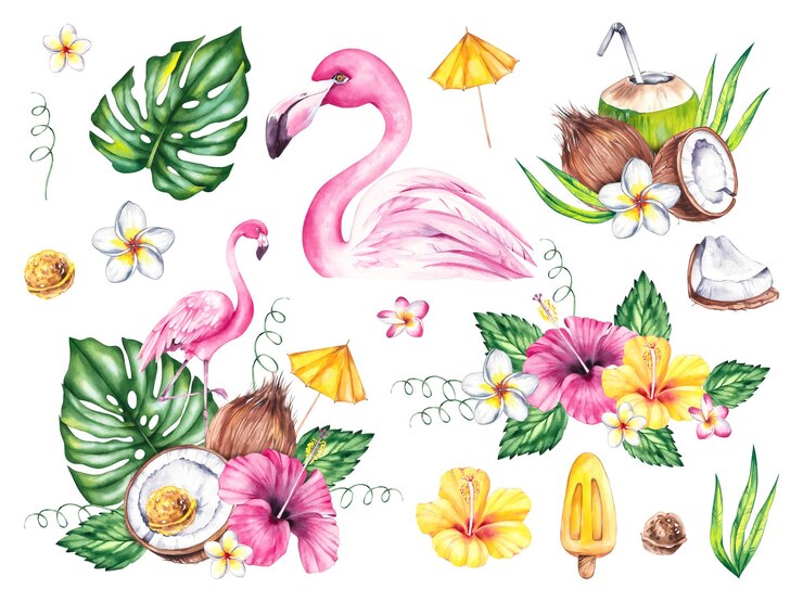Flamingo aquarela ilustração de pássaro flamingo rosa e flores tropicais folhas de palmeira isoladas em