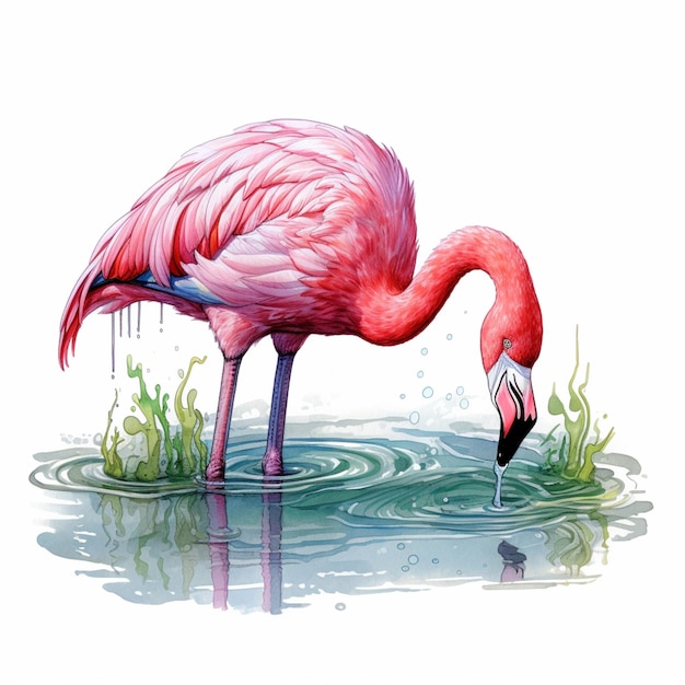 Flamingo bebiendo agua de un estanque con un ai generativo de fondo blanco