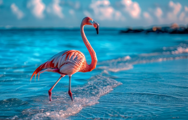 Flamingo del Caribe en la playa con agua azul y fondo de cielo azul