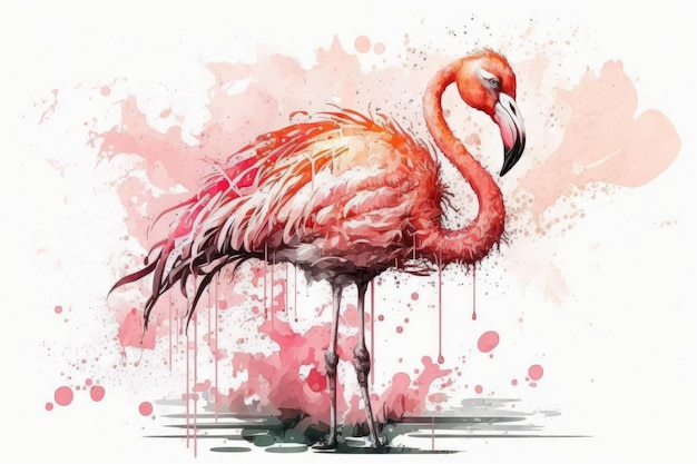 Flamingo Cartoon rosa pássaro tropical em um pano de fundo branco pintado em aquarela