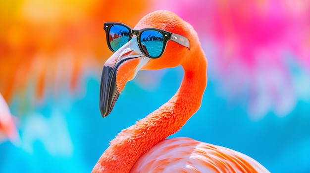 Foto flamingo closeup com óculos de sol em estúdio com um fundo colorido e brilhante ai generative