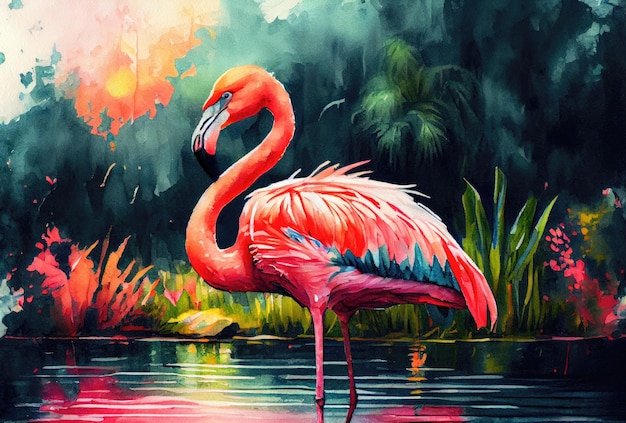 Flamingo en colores de agua se encuentra en el agua