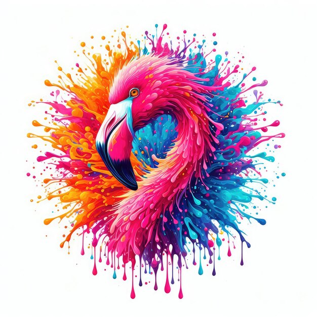 un flamingo colorido con colores naranja y azul y un flamengo rosado salpicando en el medio