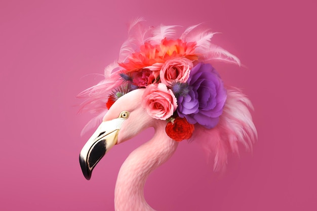 Flamingo com flores na cabeça isoladas em um fundo rosa ai generative