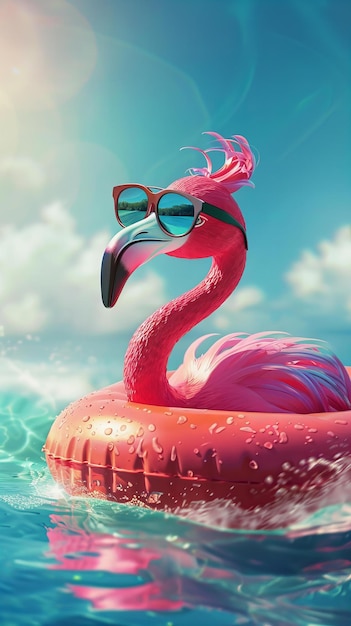 Flamingo com óculos de sol flutuando em uma piscina Função de verão e conceito de férias tropicais
