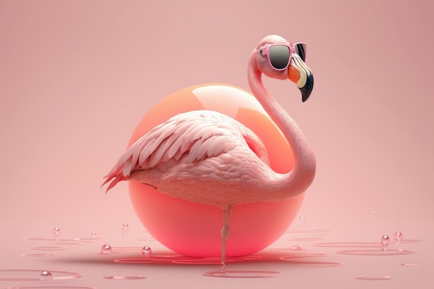 Flamingo com óculos de sol flutuando sobre um design minimalista de verão de fundo rosa claro