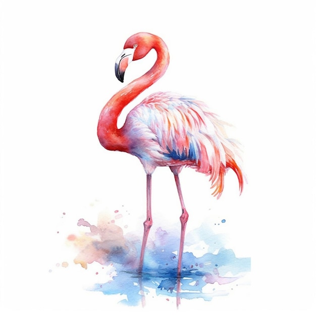 Flamingo de pé em aquarela com a cabeça para baixo e o pescoço para baixo