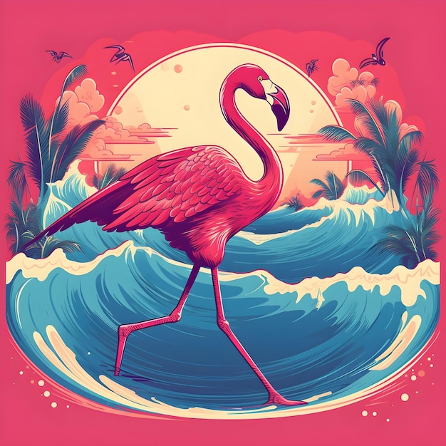 Flamingo de dibujos animados vector de pie en la playa