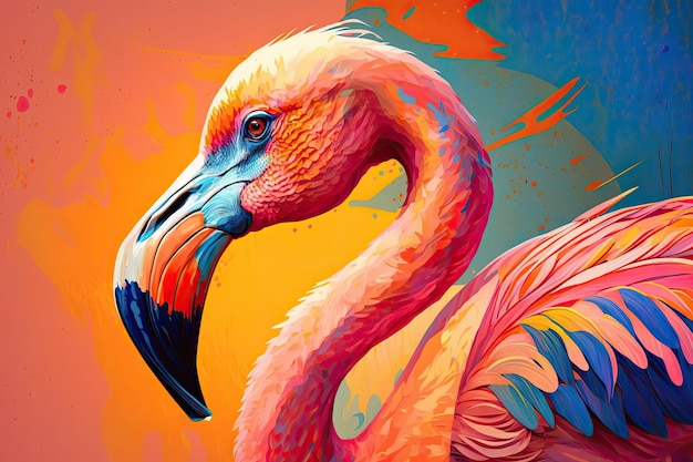 Flamingo em cores vivas em um fundo laranja e rosa