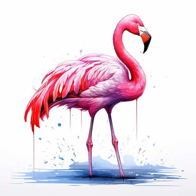 Flamingo em pé na água com salpicos e um fundo branco generativo ai