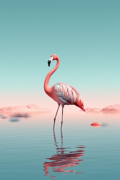 flamingo em pé nas montanhas cor de rosa ao fundo