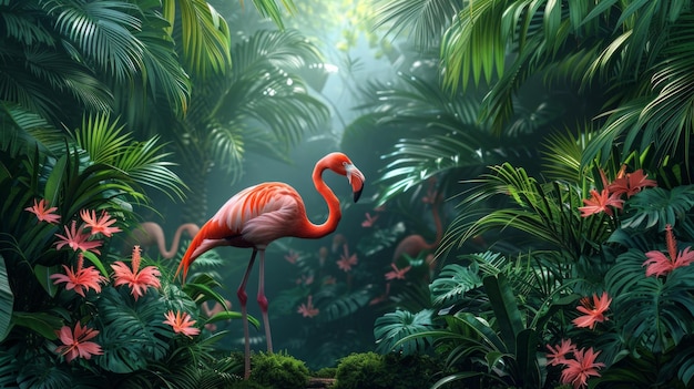 Foto flamingo de estilo de dibujos animados tropicales en la jungla ia generativa