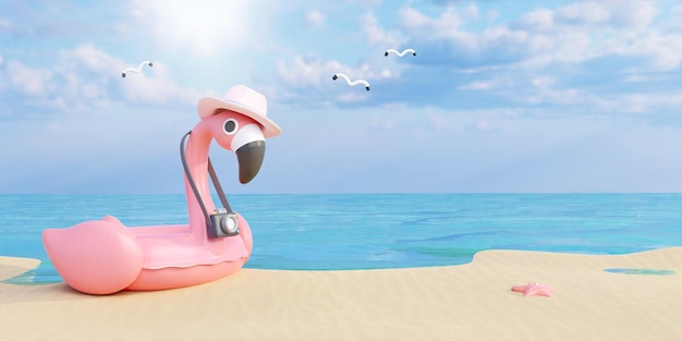 Flamingo-Float mit Hut, bereit für den Sommerurlaub. Kreative Reisekonzeptidee mit Kopierraum, 3D-Rendering-Illustration